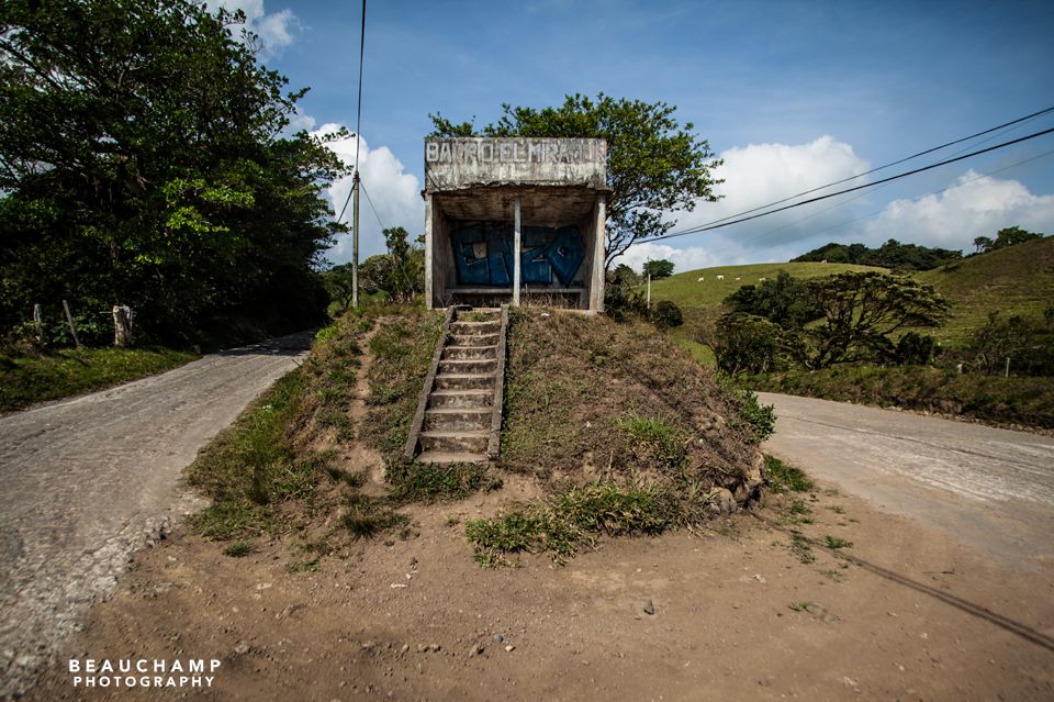 A bus stop in the middle of the road on the drive to Santa Elena. 