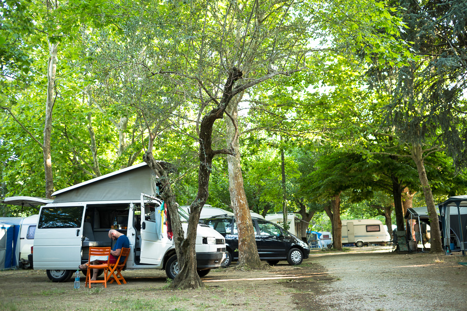 Our campsite on Lake Bolsena. I'm not passed out, but rather hunched over scrutinizing our map.