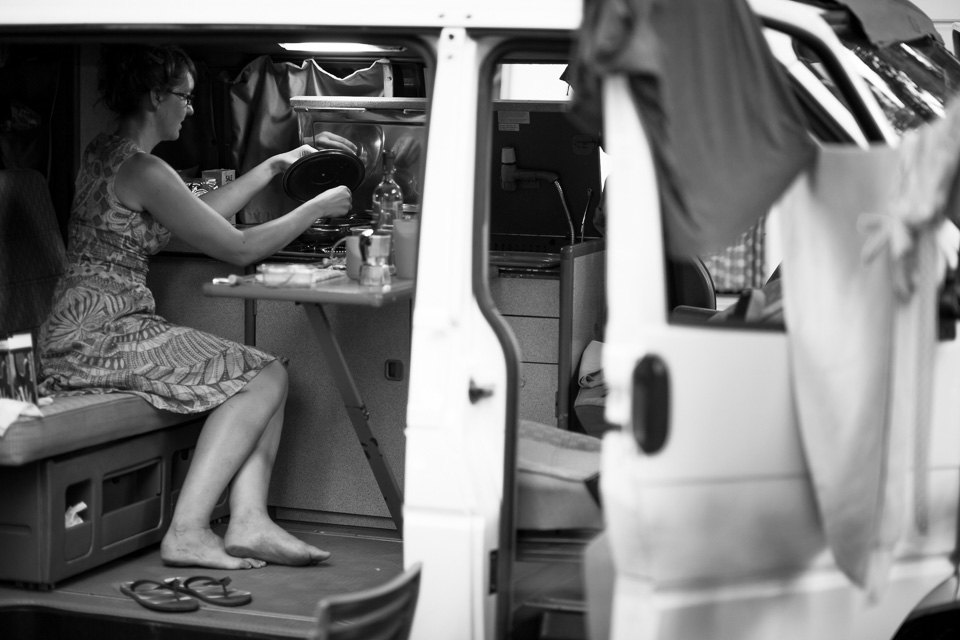 Laura making us some pasta dinner in Bella Brunhildalina. Notice her dirty feet (a feature of van life) and the clothesline in the foreground. Clothes dry pretty fast when it's hot enough to melt your face off. 