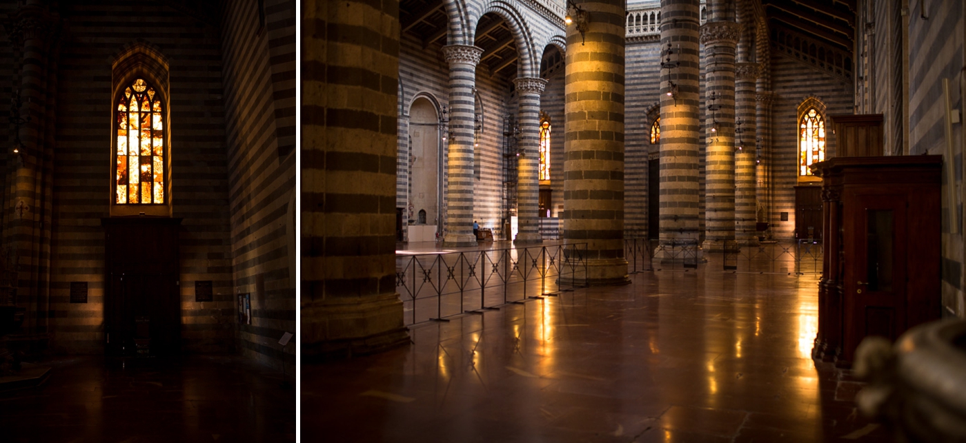 The Orvieto cathedral has several intact alabaster windows. This thinly cut stone was used before stained glass became more common. It leant a warm light to the interior (accented with additional warm bulbs) that contrasted in an interesting way with the very cool white and grey marble. 